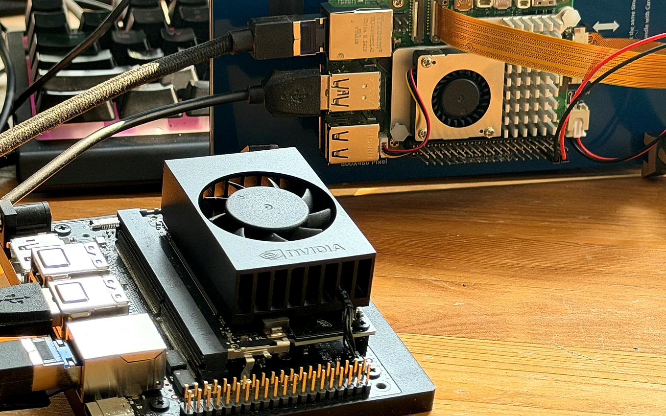 An NVIDIA Jetson-class edge module on a workbench, the NVIDIA wordmark clear on the heatsink